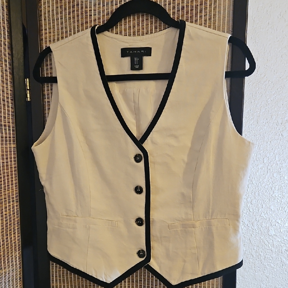 Tahari Beige Vest with Black Edging